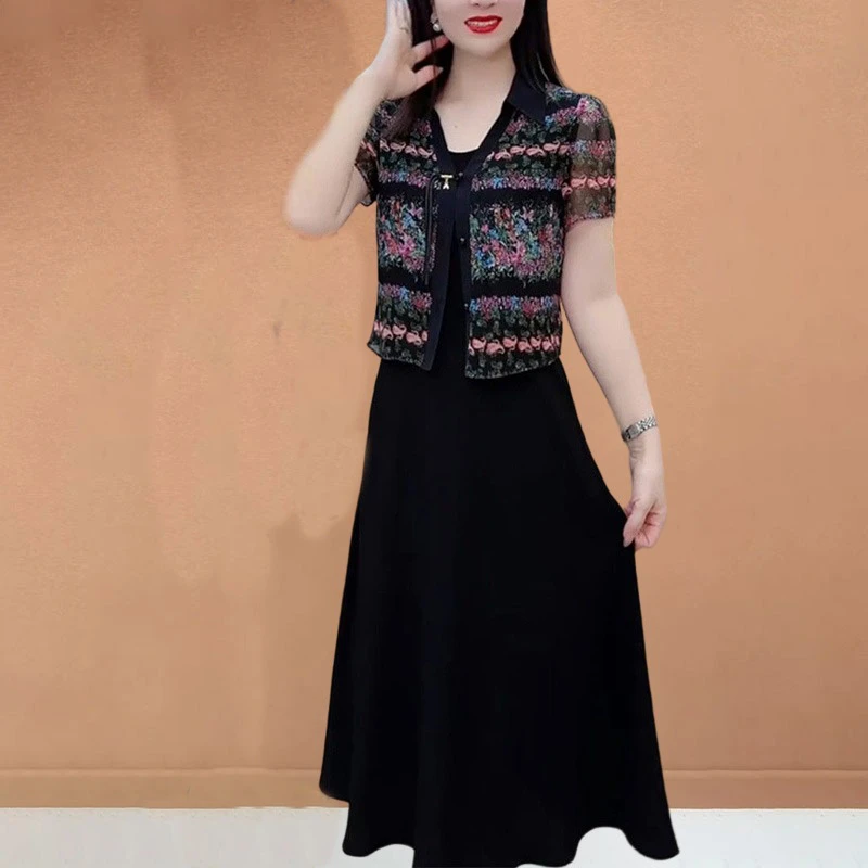 中年妈妈装拼接假两件中长款连衣裙秋季新款宽松收腰显瘦碎花裙子