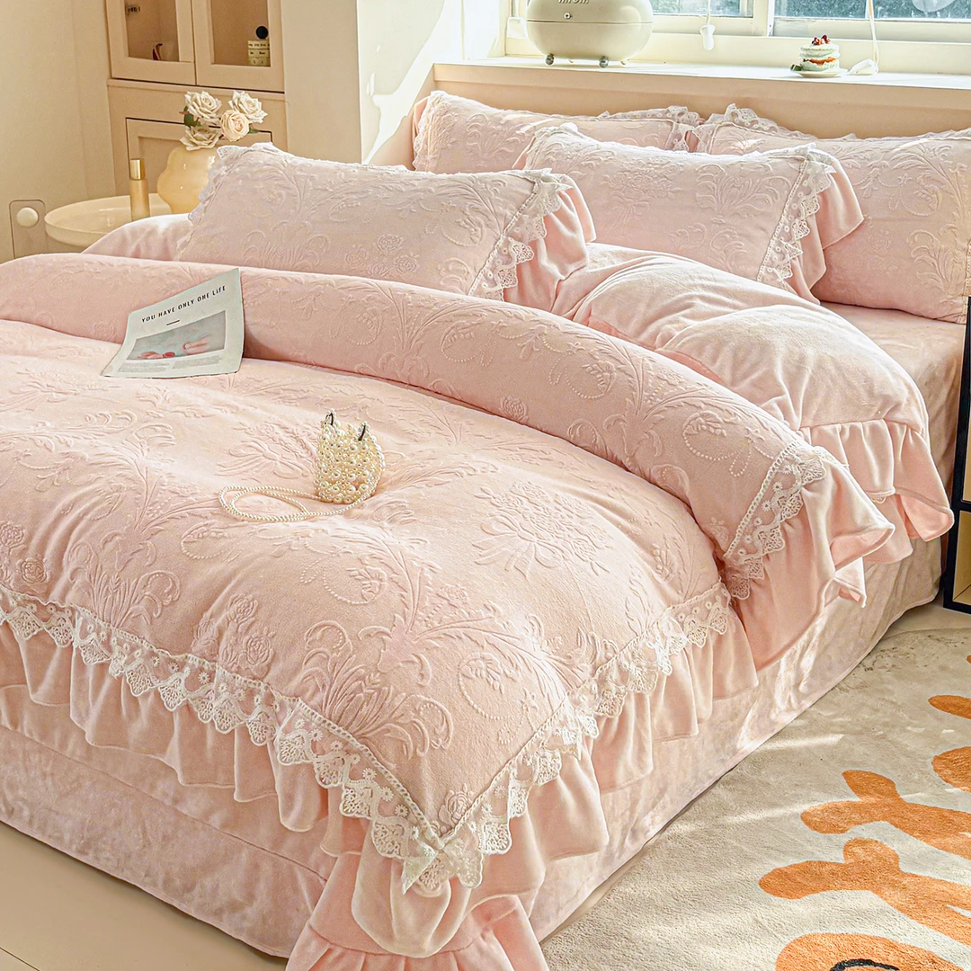 【床盖款】冬季加绒花边款加厚牛奶绒宝宝绒床上四件套被套双面绒