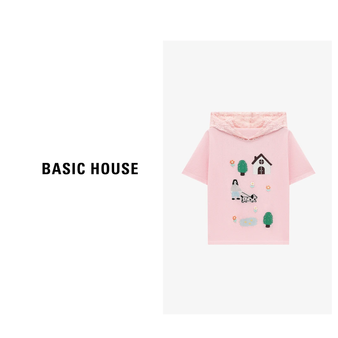 Basic House/百家好夏季插画减龄短袖针织衫-B0625B5C412