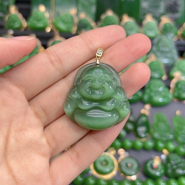 颈饰18K金镶嵌和田玉（碧玉）一线天粉青冰猫35m