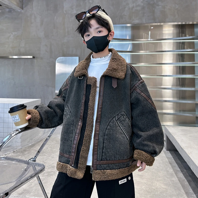 男童洋气加绒加厚牛仔外套冬款中大童帅气韩版炸街棉服童装上衣