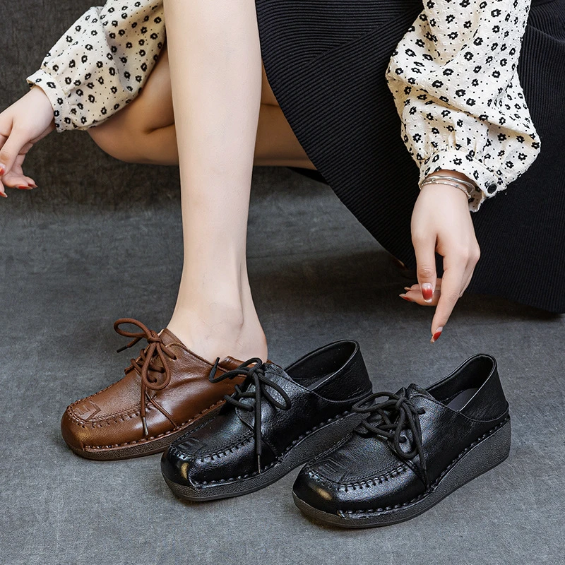 2025秋季新款真皮女式单鞋坡跟手工缝制深口鞋头层牛皮前系带鞋子