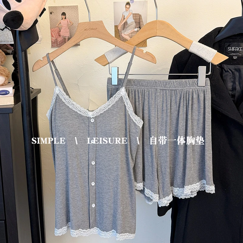 吊带睡衣女款夏季带胸垫彩棉甜美纯欲风V领薄款花边家居服两件套