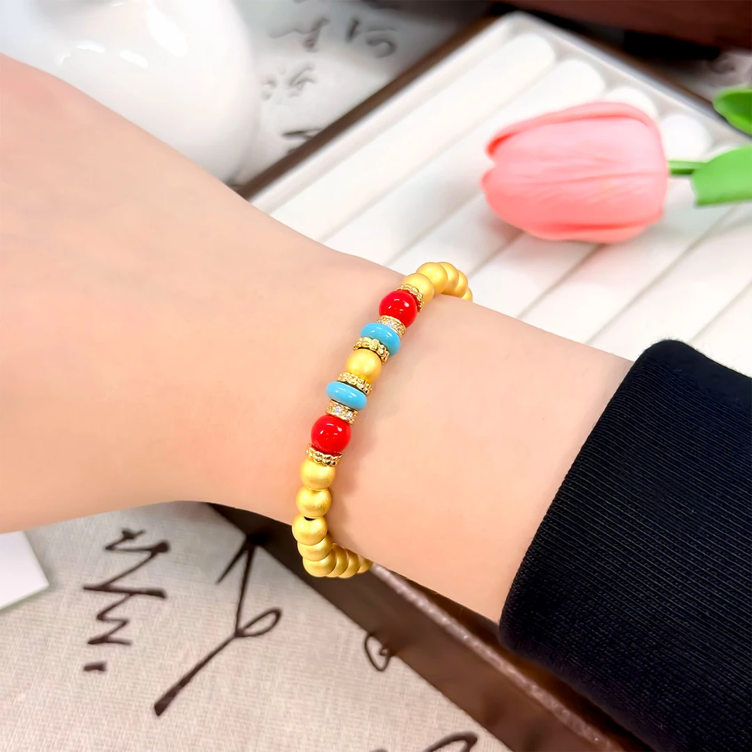 足银手链 足银999电镀金色diy古法珠彩色手链