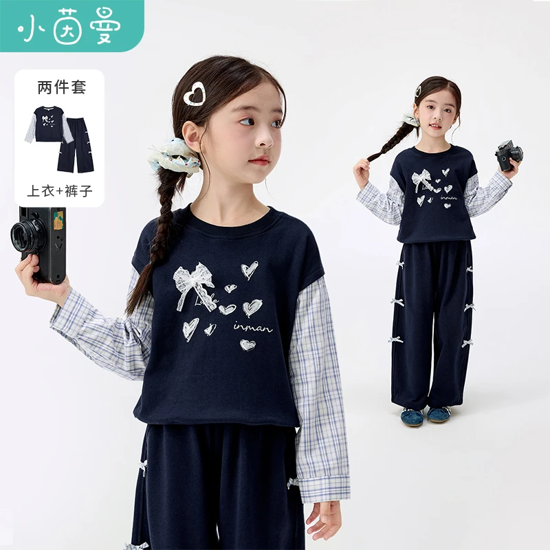 小茵曼女童时尚套装爱心印花25秋衬衫袖上衣裤子两件套GF3853356