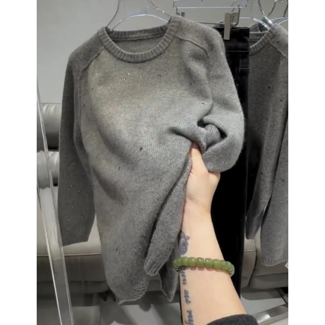 景倩妮韩系灰色慵懒风圆领毛衣女2025年冬季新款遮肉显瘦宽松上衣