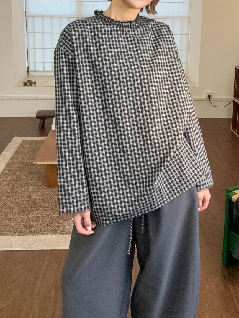 2025叠穿复古双层格子花边领百搭宽松显瘦套头长袖衬衫上衣女S225