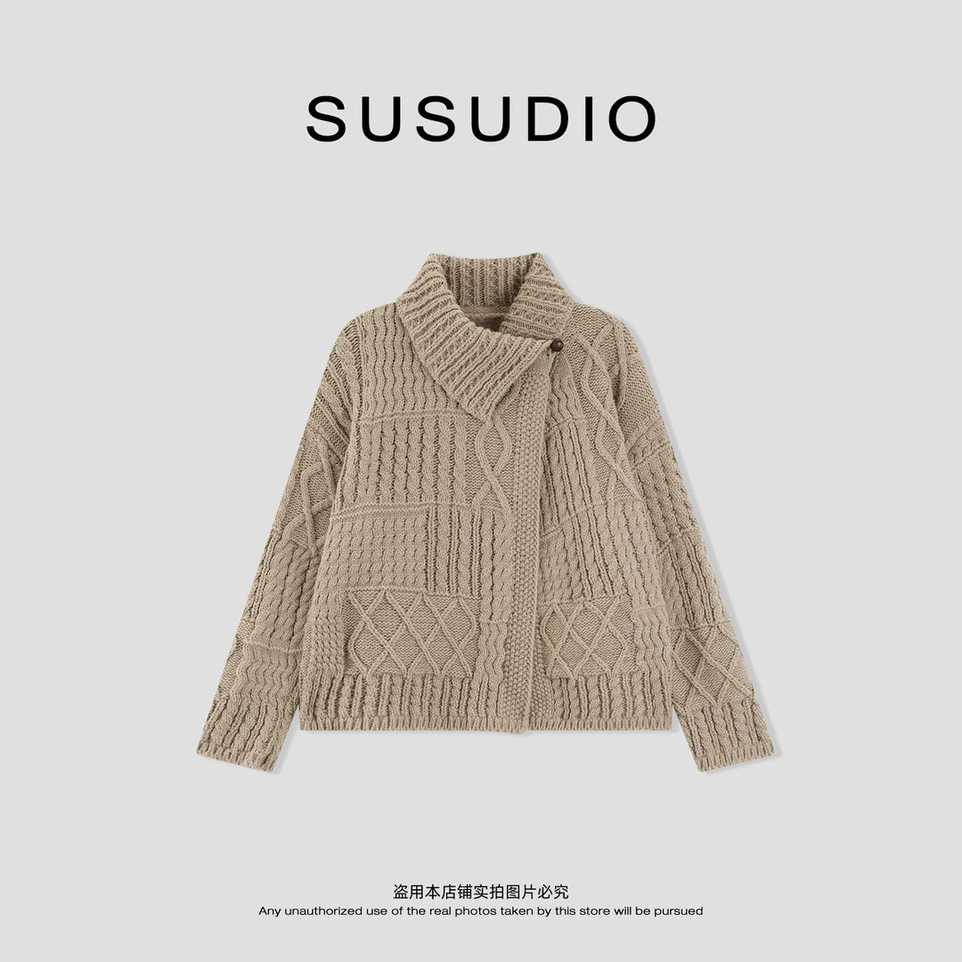 SUSUDIO 秋冬老钱手工毛织不对称两粒扣翻领毛衣外套 70332