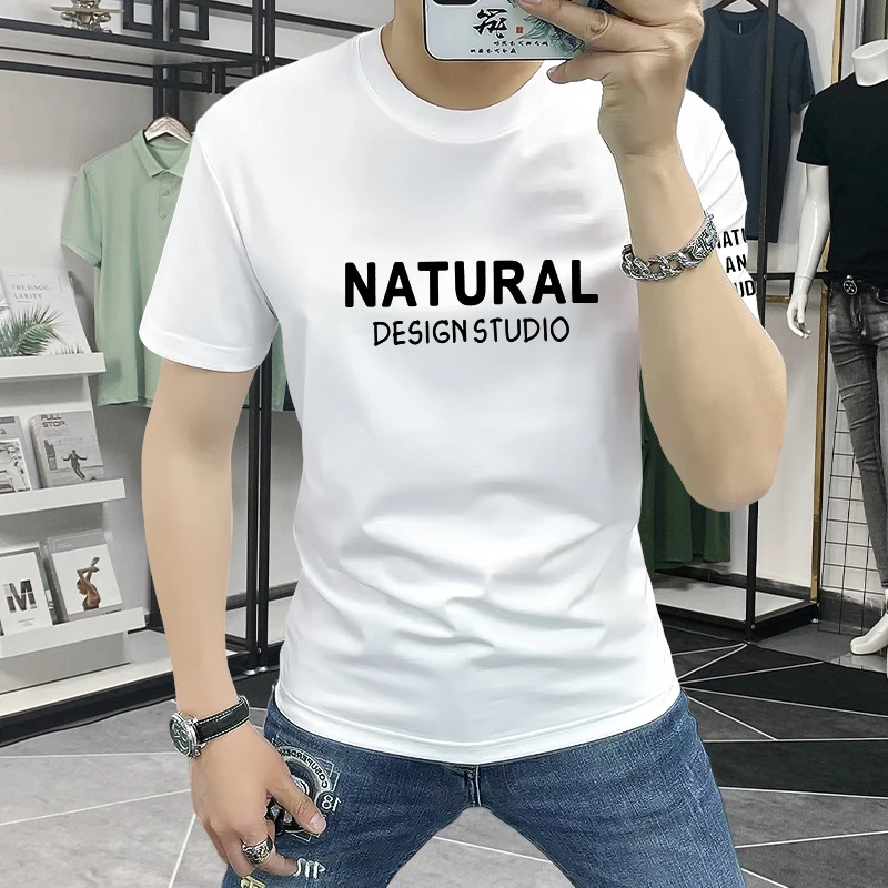 2025新款男士短袖t恤潮流韩版百搭修身帅气字母休闲上衣服体恤衫