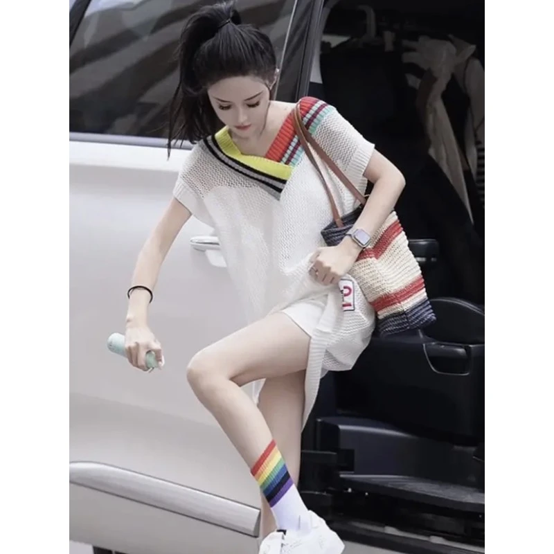 网红拼色无袖冰丝针织衫女薄款夏季百搭宽松中长款洋气镂空上衣潮