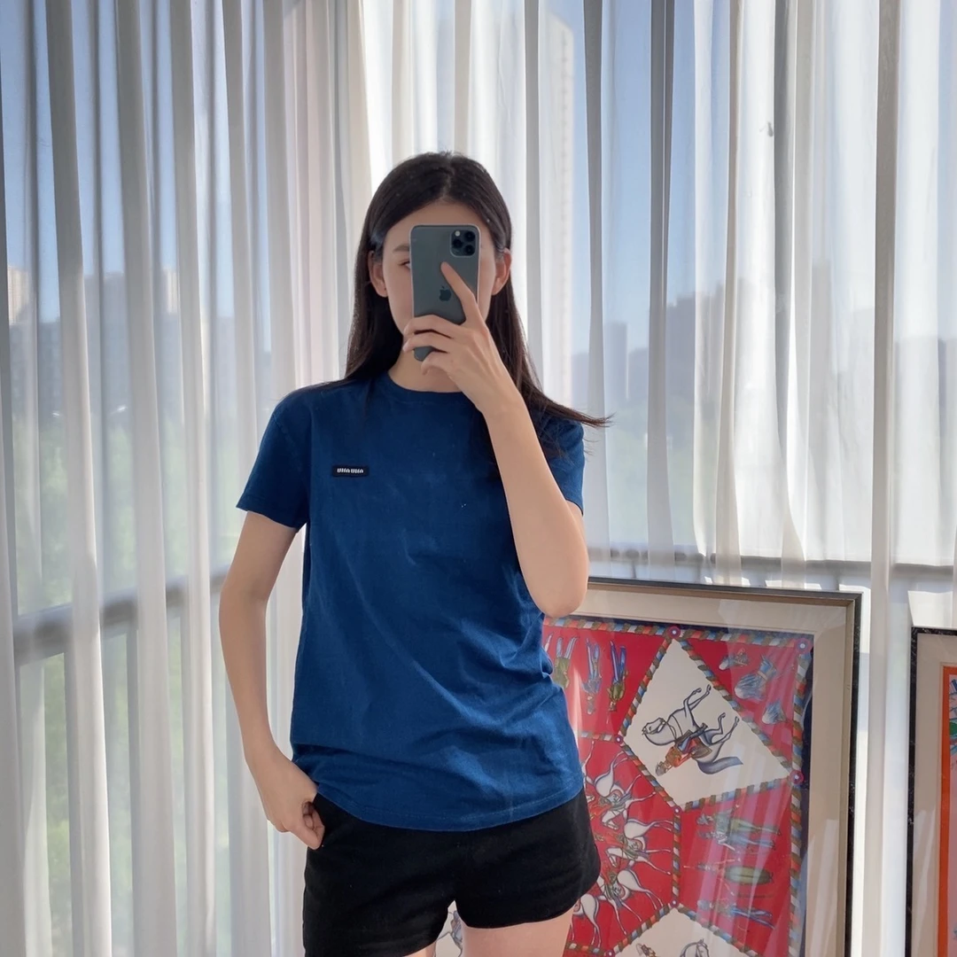 95新 MIU MIU/缪缪 麦殿/短袖棉上衣T恤蓝色XS码/250422VXYHC02