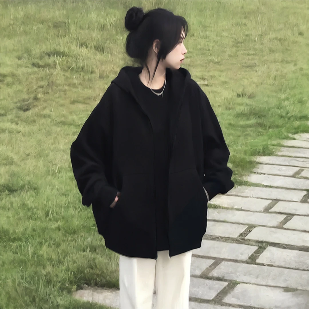 黑色卫衣外套女2025新款爆款秋冬季拉链开衫加绒加厚宽松连帽上衣