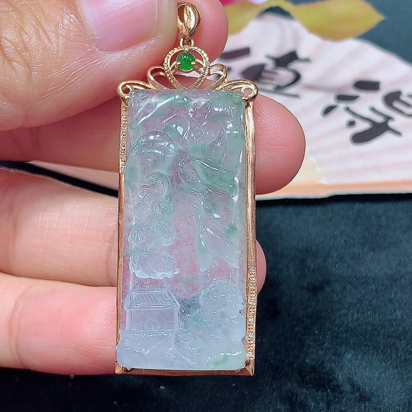 18k金天然A货翡翠意境大牌子吊坠轻奢时尚简约大气