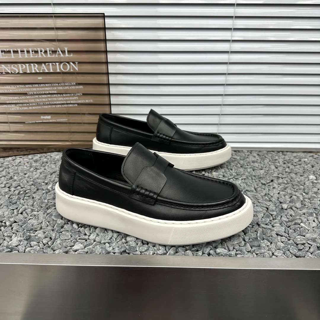 男士商务休闲皮鞋简约一脚蹬乐福鞋厚底轻奢百搭豆豆鞋高档手工鞋