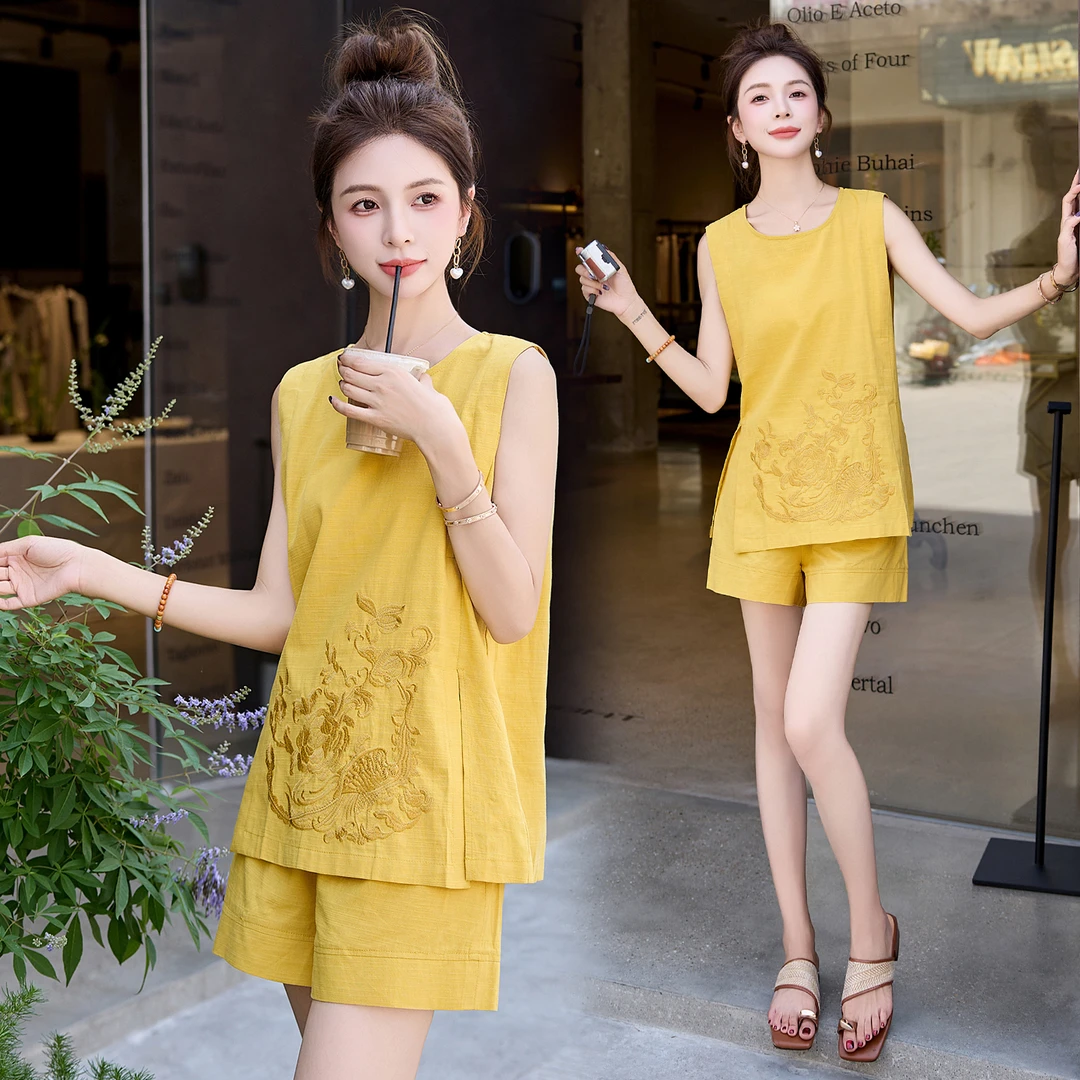 现货新中式短裤刺绣棉麻清凉夏季套装洋气百搭防晒宽松夏天裤子