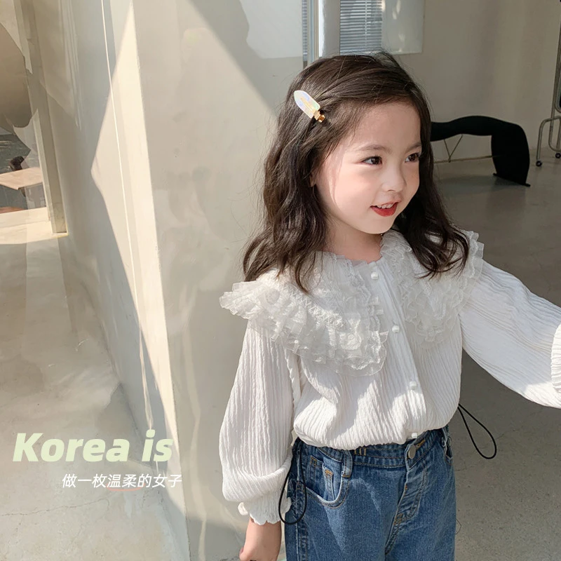 女童衬衫2024春秋款女宝宝蕾丝花边翻领长袖打底衫 RQ331