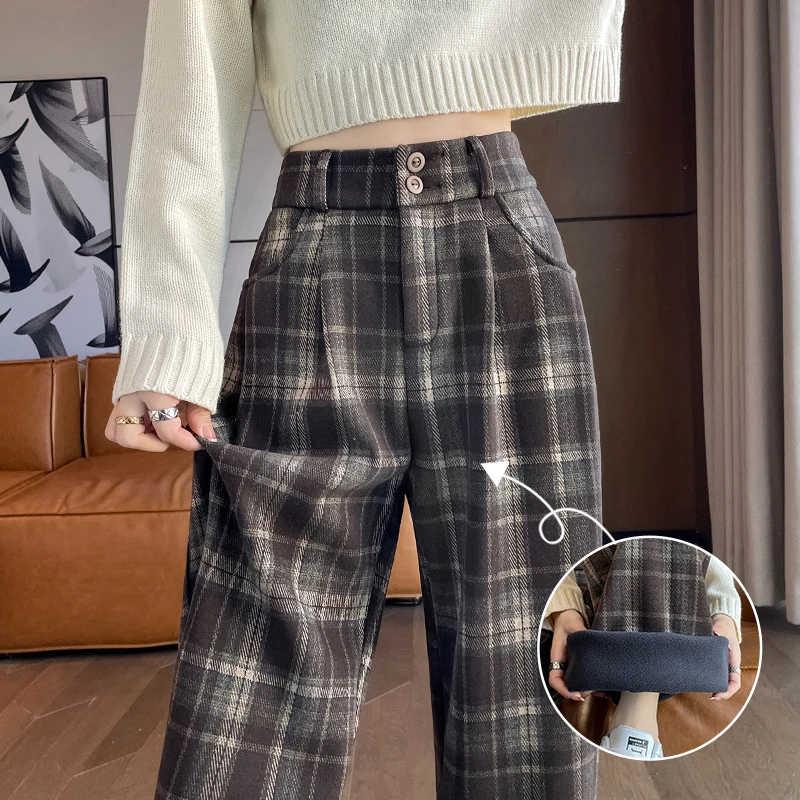 加绒加厚休闲格子裤子女秋冬2025新款高腰垂感窄版毛呢阔腿裤女