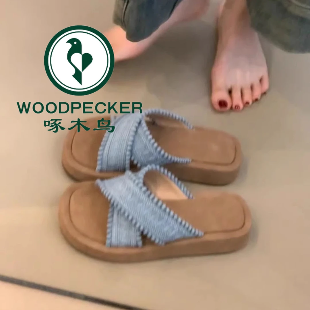 啄木鸟复古度假风编织交叉带厚底凉拖鞋女夏温柔外穿波西米亚拖鞋