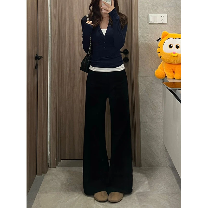 黑色不贴腿微喇牛仔裤女2025新款高腰宽松显瘦百搭小个子喇叭拖地