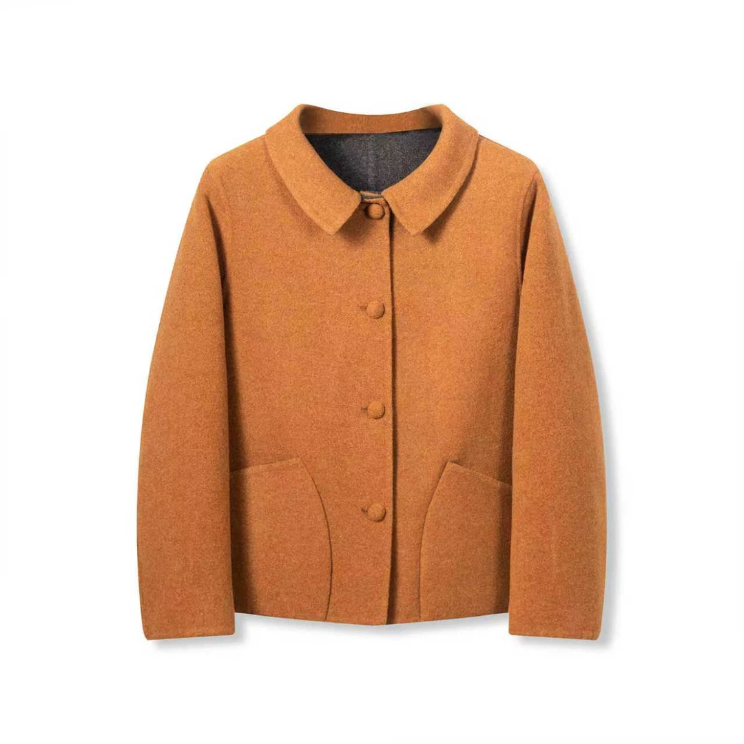 2025年秋冬新款时尚小翻领单排布包扣双面可穿毛呢大衣012