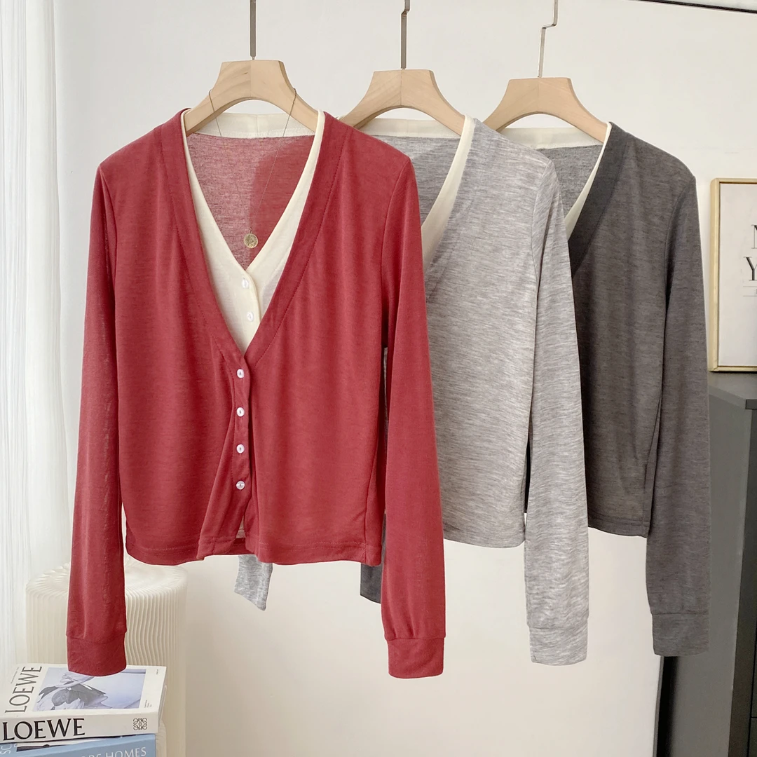 AMAZCOOL春季设计感撞色假两件长袖针织衫5265