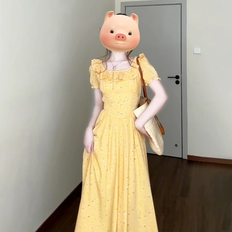 实拍中现货~大码2025夏季法式复古泡泡袖碎花气质收腰绝美a字长裙