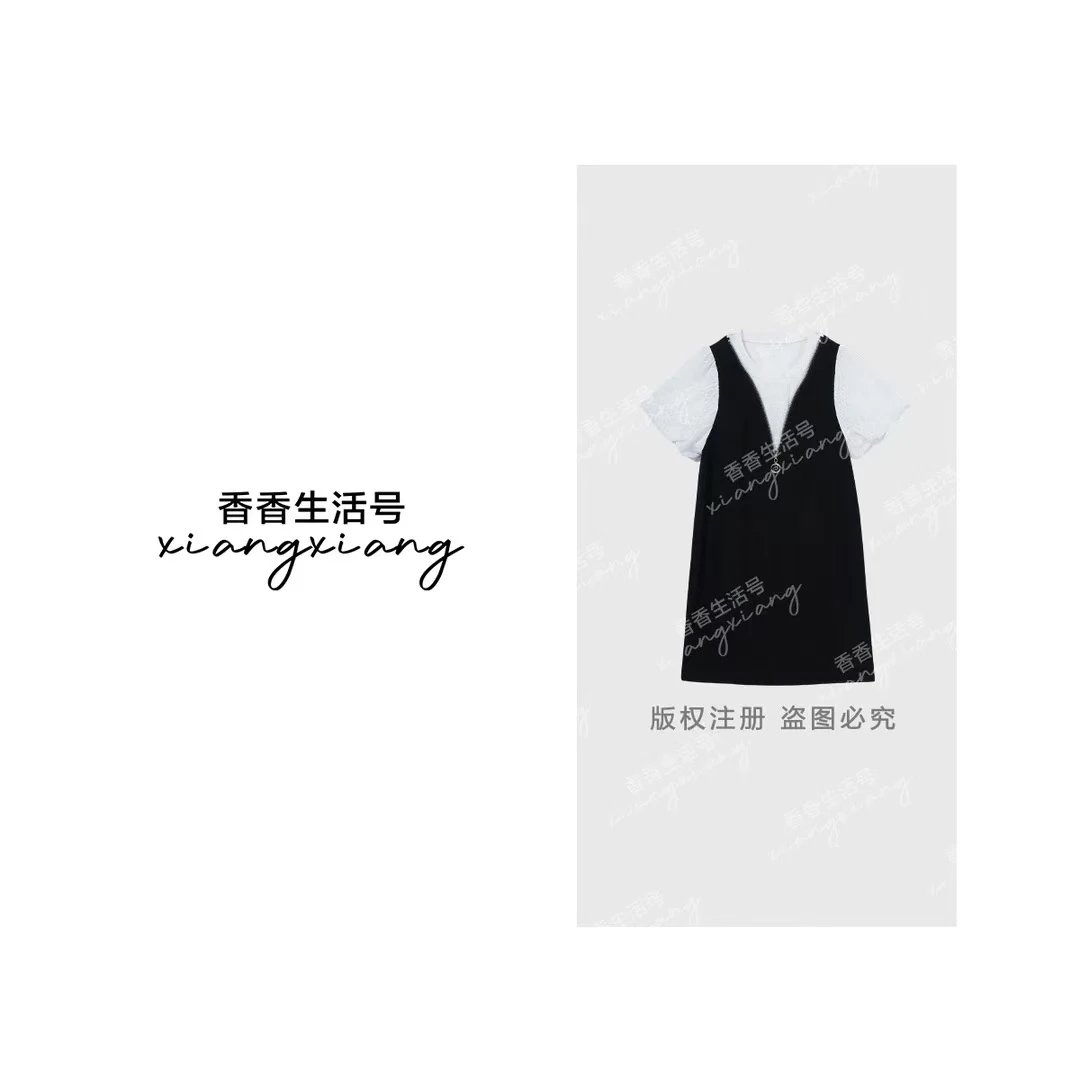 “月光曲”假两件连衣裙泡泡袖韩版显瘦气质背带裙XX101