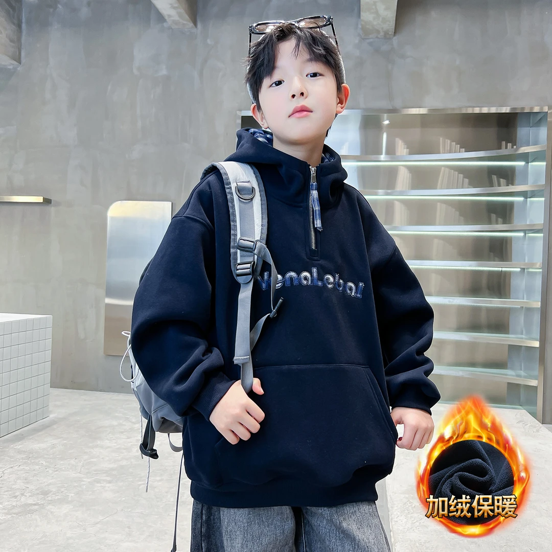 男童加绒连帽卫衣2025新款时尚童装字母半拉链中大童一体绒上衣潮
