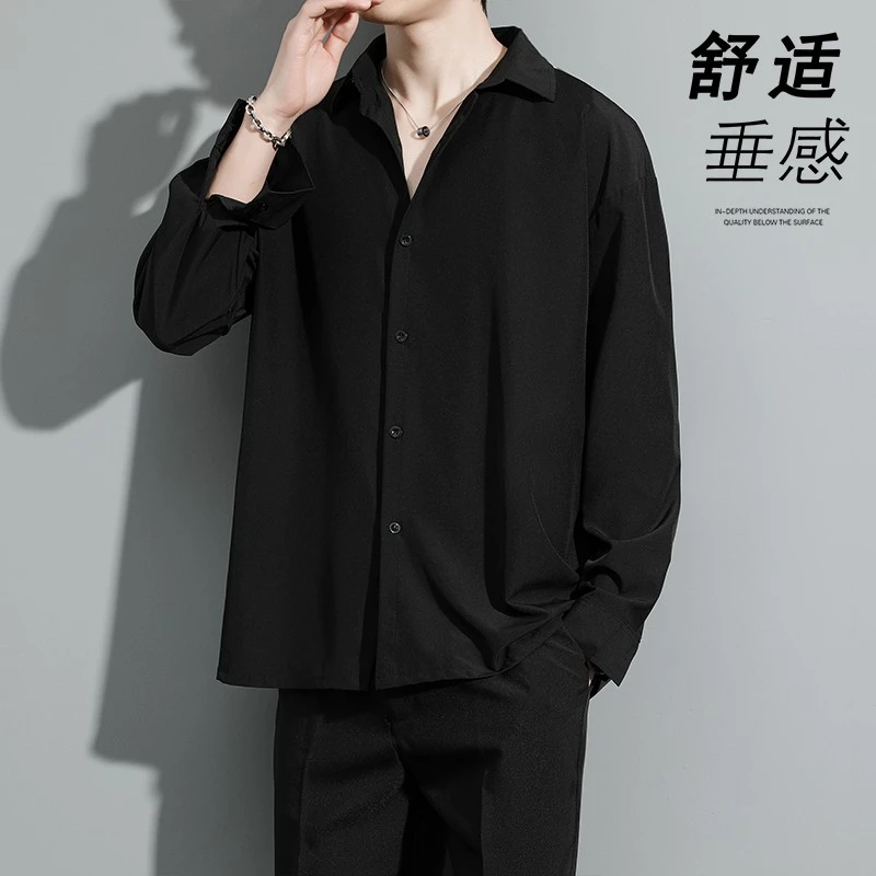 冰丝垂感黑色衬衫男长袖春秋季加大加肥宽松男士休闲男装白衬衣潮