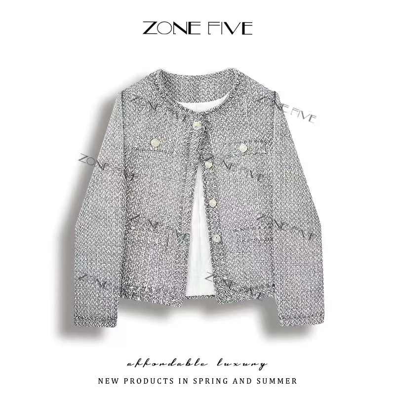 【zonefive】2024秋冬新款羊毛小香风外套冰岛灰蓝色-8030