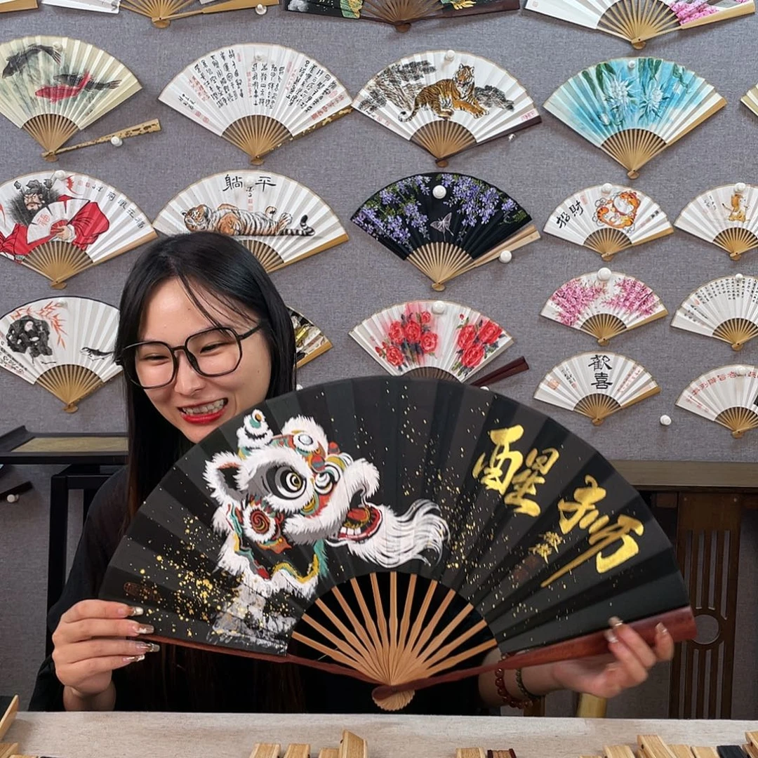 国画10寸红木-纯手绘-文玩扇骨（默认粘好）