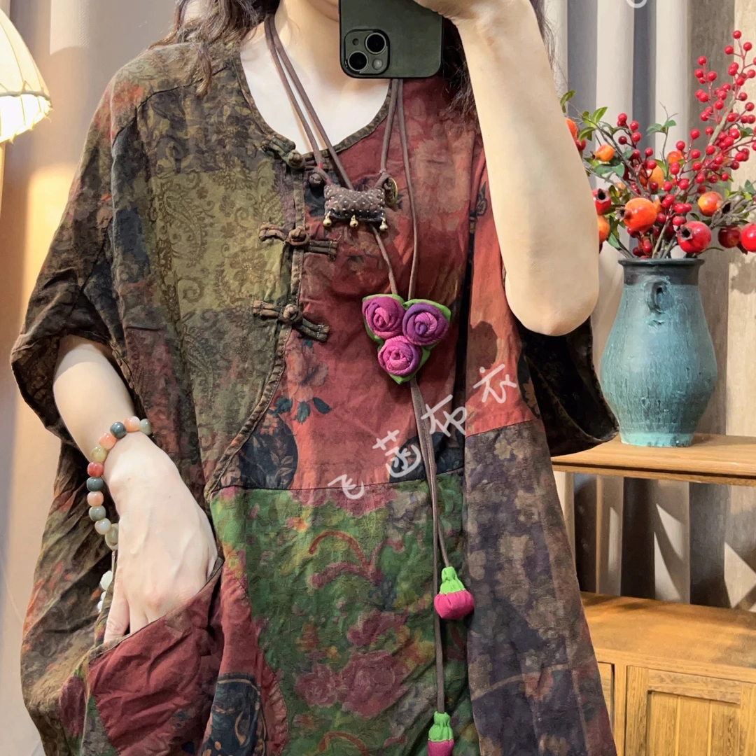 WMF亚麻拼花斜盘扣圆领拼接长袍（长120-130，胸围145）