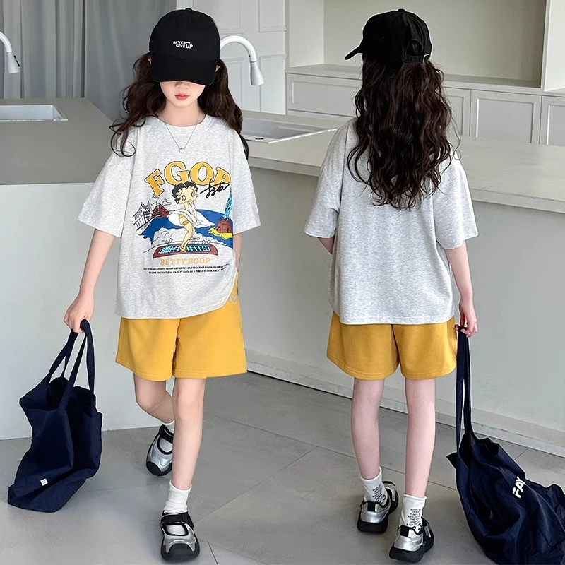 儿童衣服女童套装两件套时尚洋气女大童夏装短袖T恤薄款休闲套装