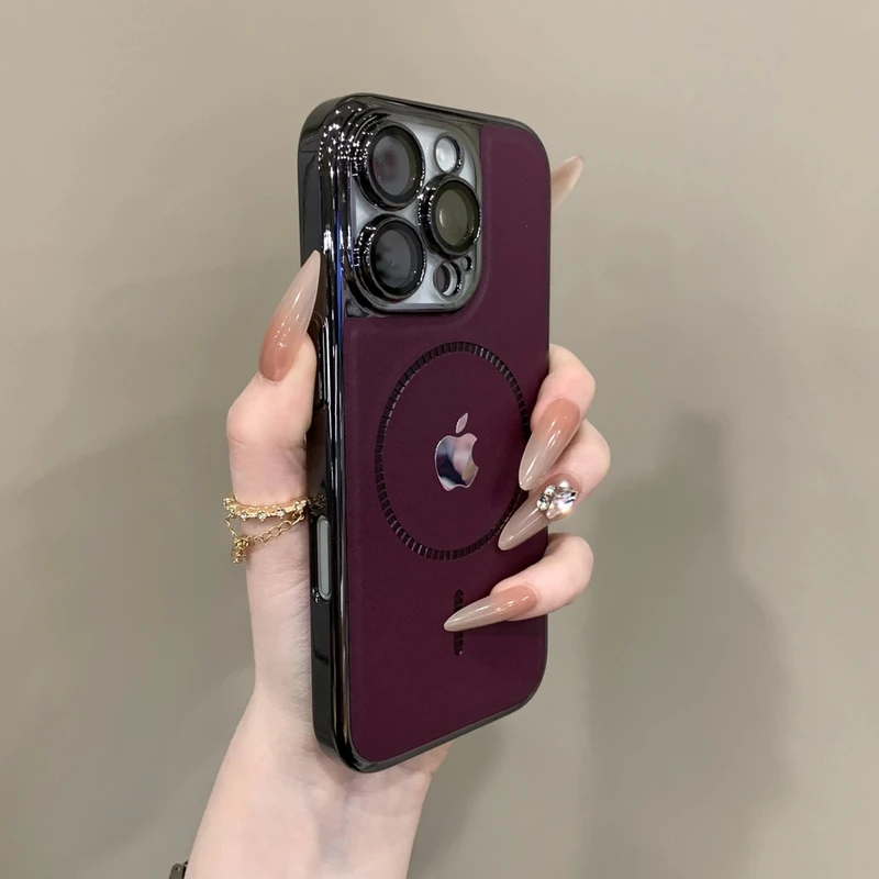 轻奢电镀超薄皮纹适用17promax手机壳15pro镜头膜14磁吸充电13/12