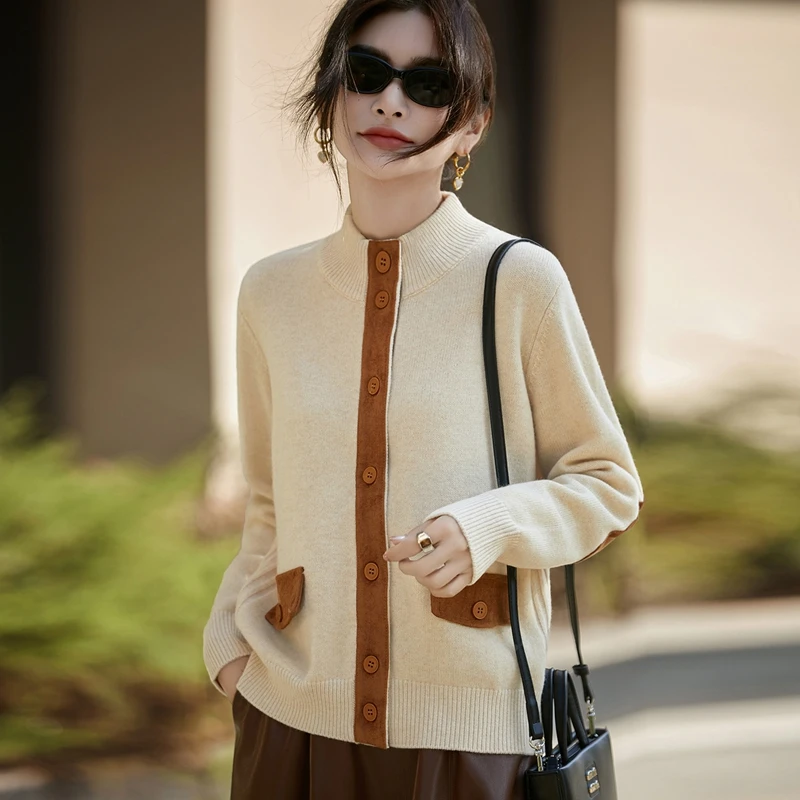 100%超细羊毛立领复古显瘦羊毛衫新款时尚针织衫百搭拼接打底开衫