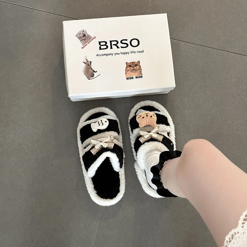 可爱卡通立体小猫小鱼毛毛拖鞋女外穿2025新款秋冬外穿一字棉拖鞋