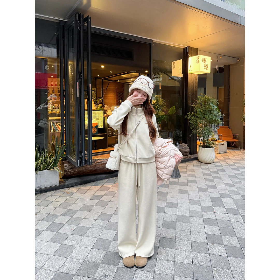 （现货）冬季加绒气质休闲宽松百搭裤子+卫衣套装-8683