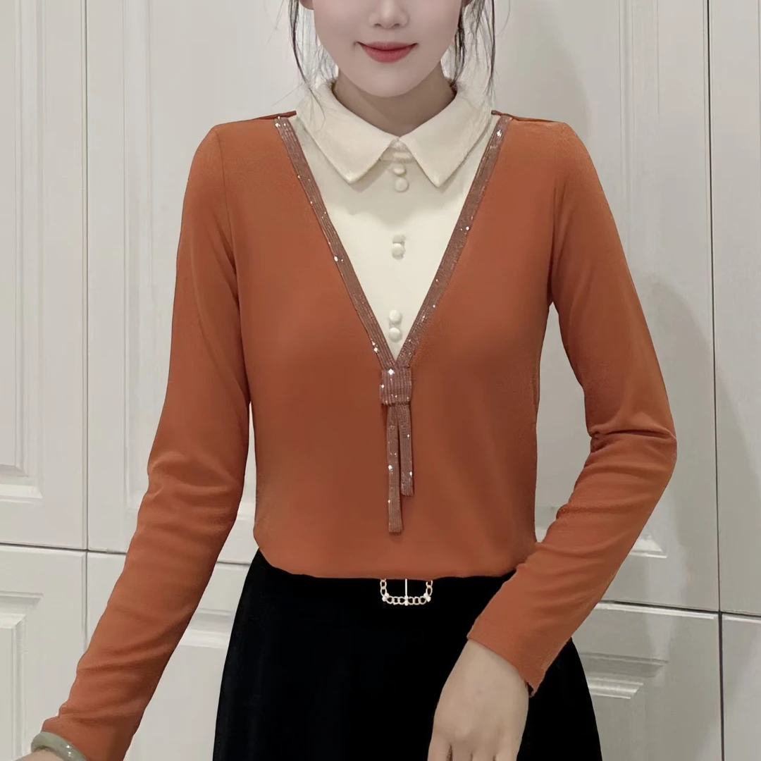 秋冬新款烫钻双面一体绒小衫时尚保暖百搭假两件显瘦长袖衬衣