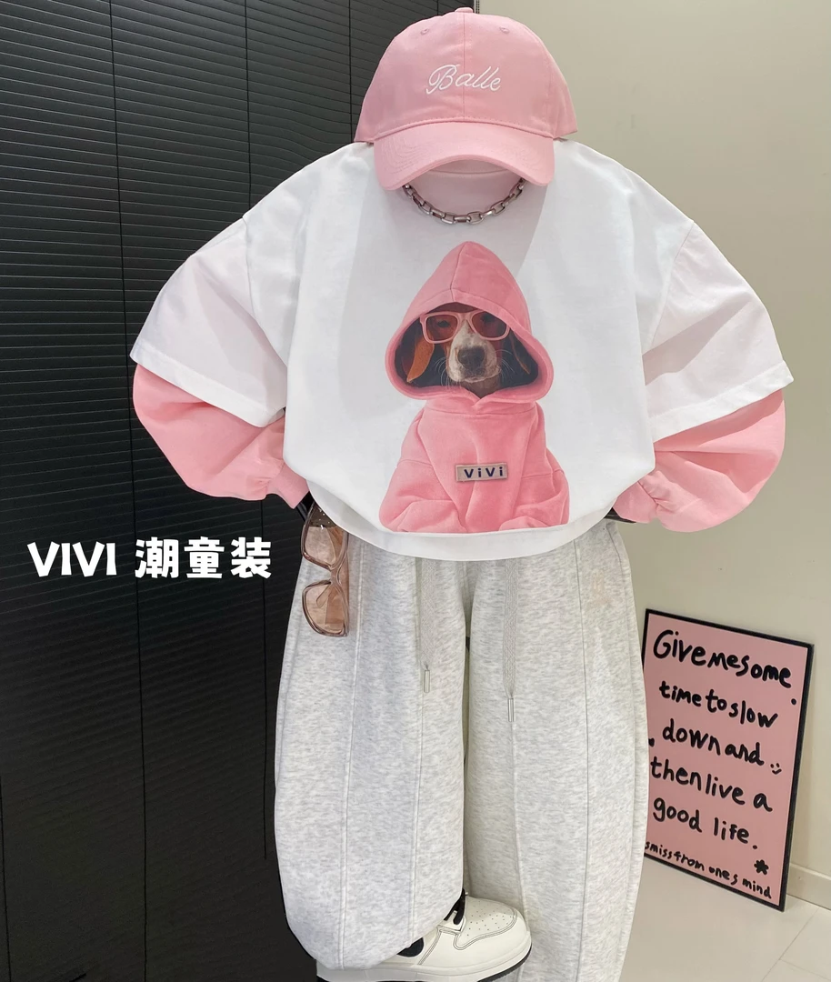 VIVI童装 2025春款潮流中大童洋气粉色狗狗假两件长袖T恤欧若风