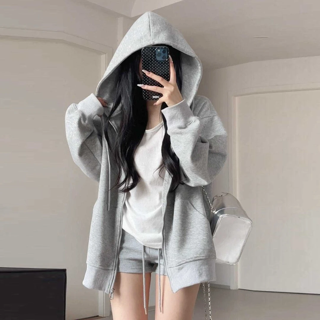 开学季新款穿搭连帽卫衣女春秋季宽松显瘦休闲慵懒浅灰色开衫外套