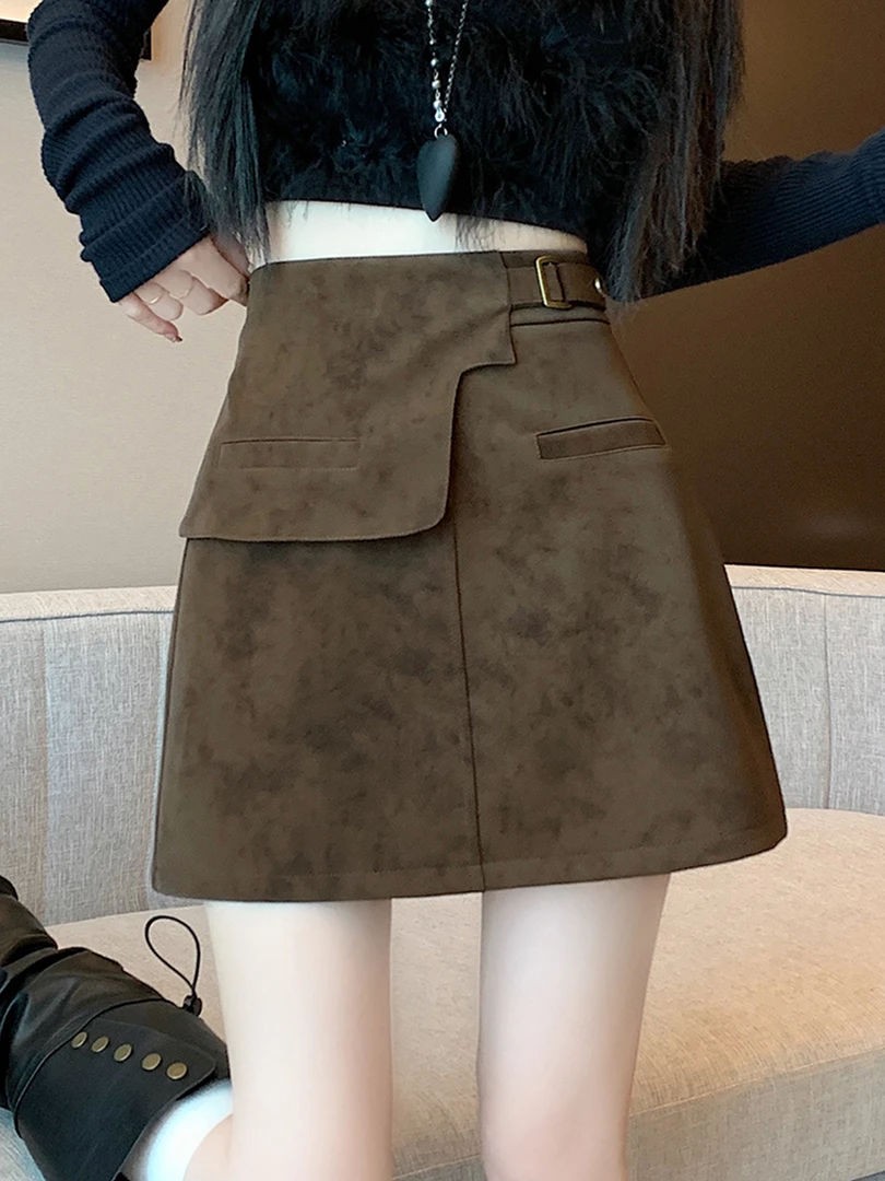 美式辣妹不规则仿鹿皮半身裙女秋冬新款复古高腰a字显瘦包臀短裙