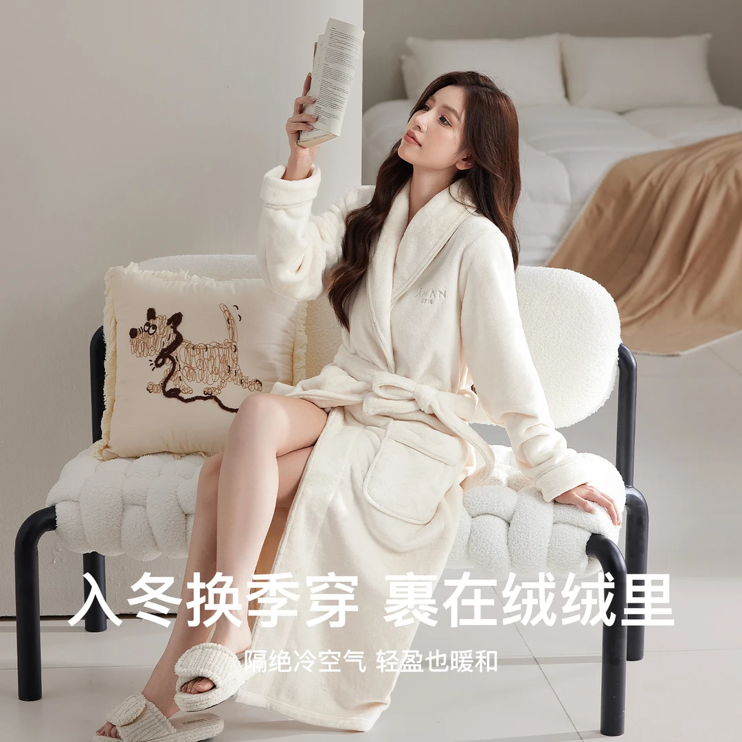 睡袍秋冬季女款浴袍珊瑚绒睡衣法兰绒洗完澡可穿式长款家居服冬天