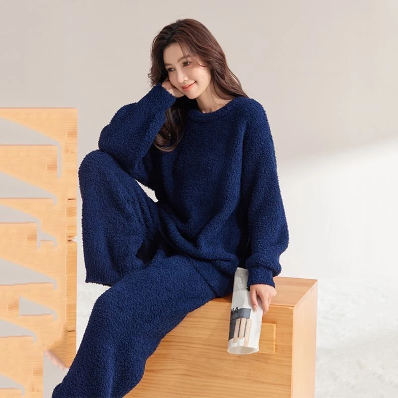 半边绒睡衣女冬季新款加绒保暖简约纯色家居服套装大码宽松慵懒风