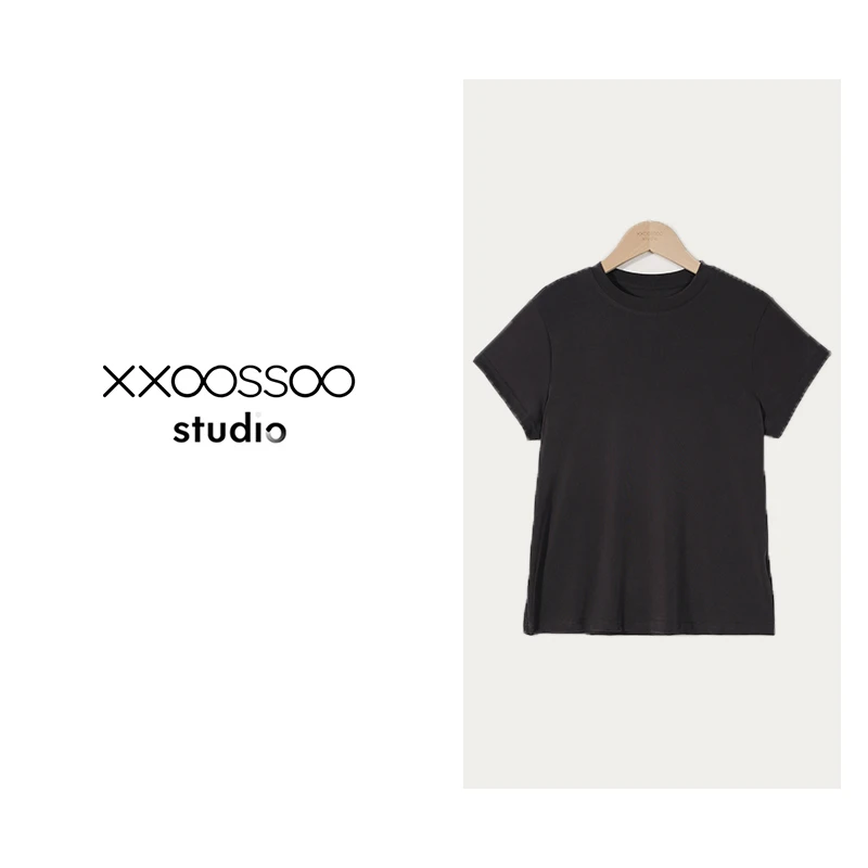 xxoossoo 圆领短袖纯色简约棉T恤时尚简约夏季设计师宽松女款打底