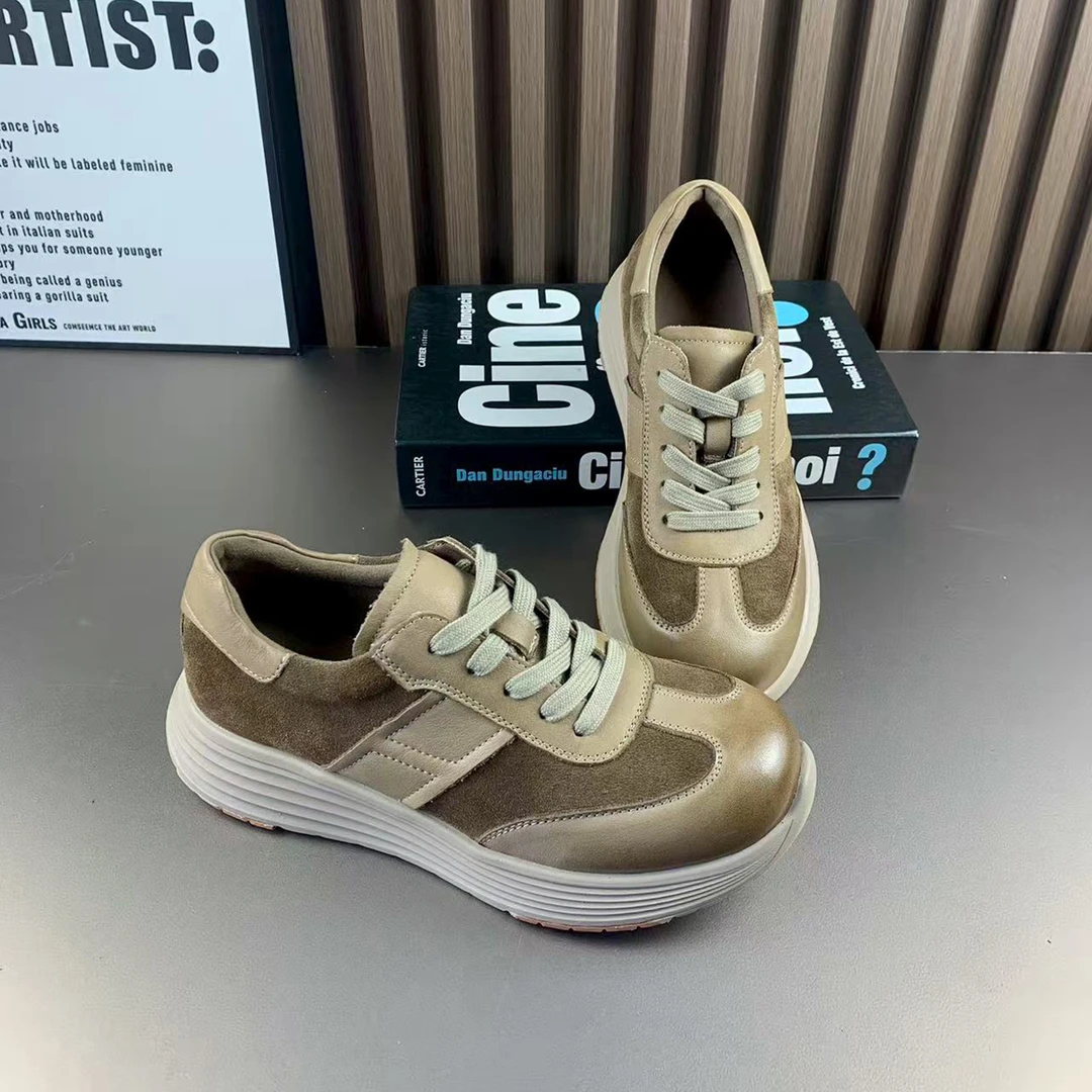 头层牛皮复古厚底增高德训鞋女2025秋季新款运动老爹鞋超轻跑步鞋