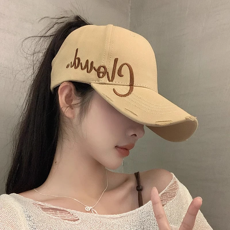 可扎高马尾破洞棒球帽子女夏季显脸小遮阳宽帽檐大头围空顶鸭舌帽