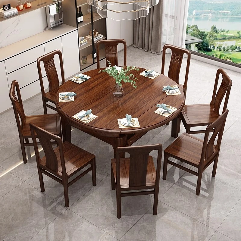 新中式全实木餐桌椅可伸缩方圆两用跳台中式家用大小户型吃饭餐桌