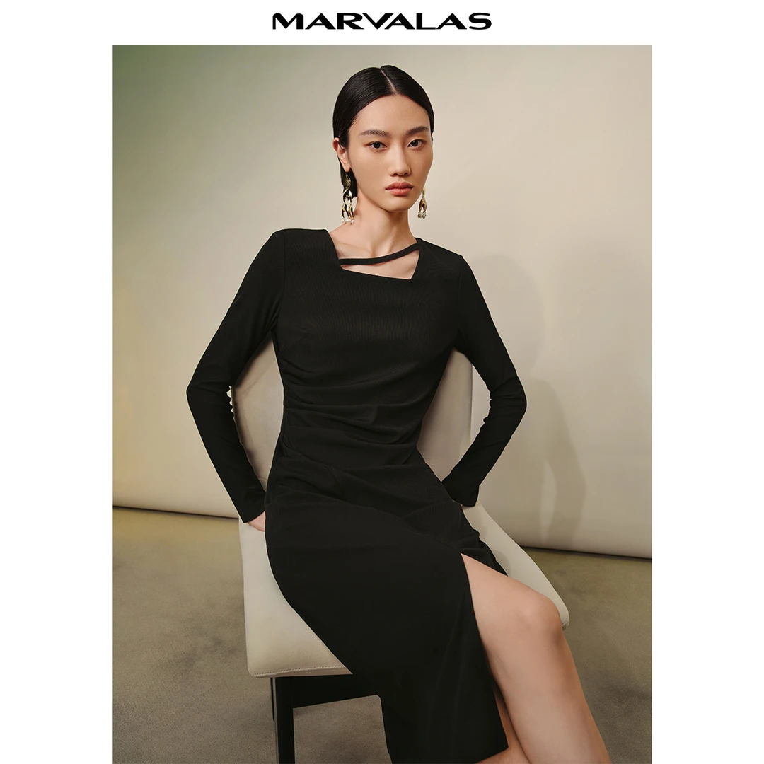 【丽公主】曼德诗经典优雅修身秋季方领收腰连衣裙女MC534307842