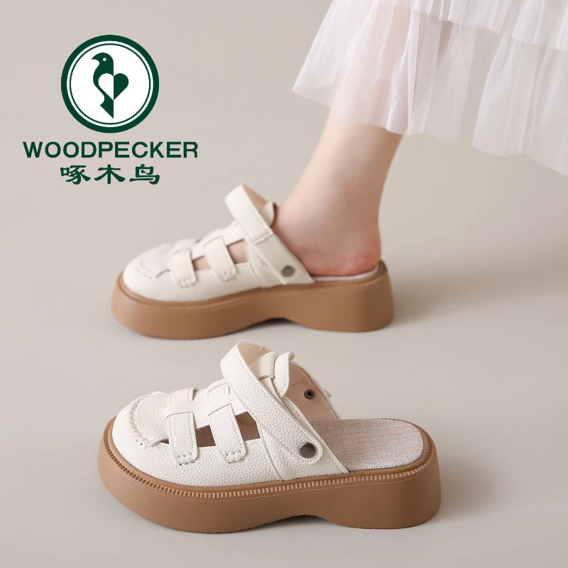 啄木鸟包头凉鞋女2025年新款夏季外穿厚底半拖鞋夏软底沙滩罗马鞋
