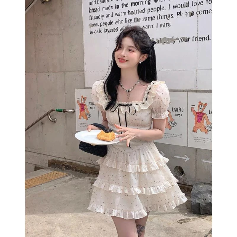 法式甜美温柔风波点蛋糕蓬蓬长裙女春夏季生日礼服收腰显瘦连衣裙